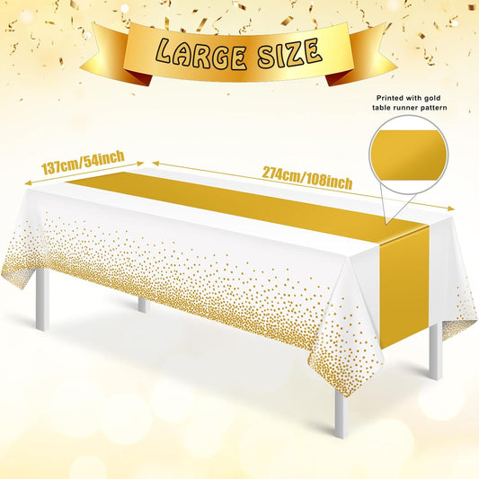 6Pcs White and Gold Tablecloth Party Decorations,Plastic White Table Cloth Printed Gold Table Runner Disposable Rectangle Table Cover for Birthday Wedding Anniversary Graduation Party,54 x108 Inch