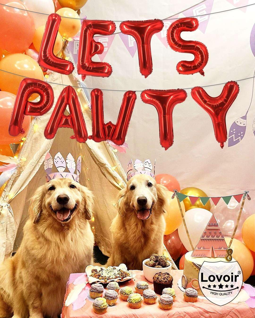 9 Pcs Lets Pawty Balloons Banner 16 Inch, Dog Cat Pet Birthday Letters Sign Lets Pawty Balloons Happy Birthday Banner for Pet Dog Cat Party Supplies Decorations (Red)