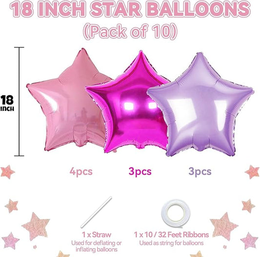 Pink and Purple Star Foil Balloons, 10PCS Pink Foil Stars Shape Balloons, 18 Inch Metallic Purple Stars Balloon for Helium Pentagram Balloon for Girls Birthday, Princess, Anniversary Party Decoration