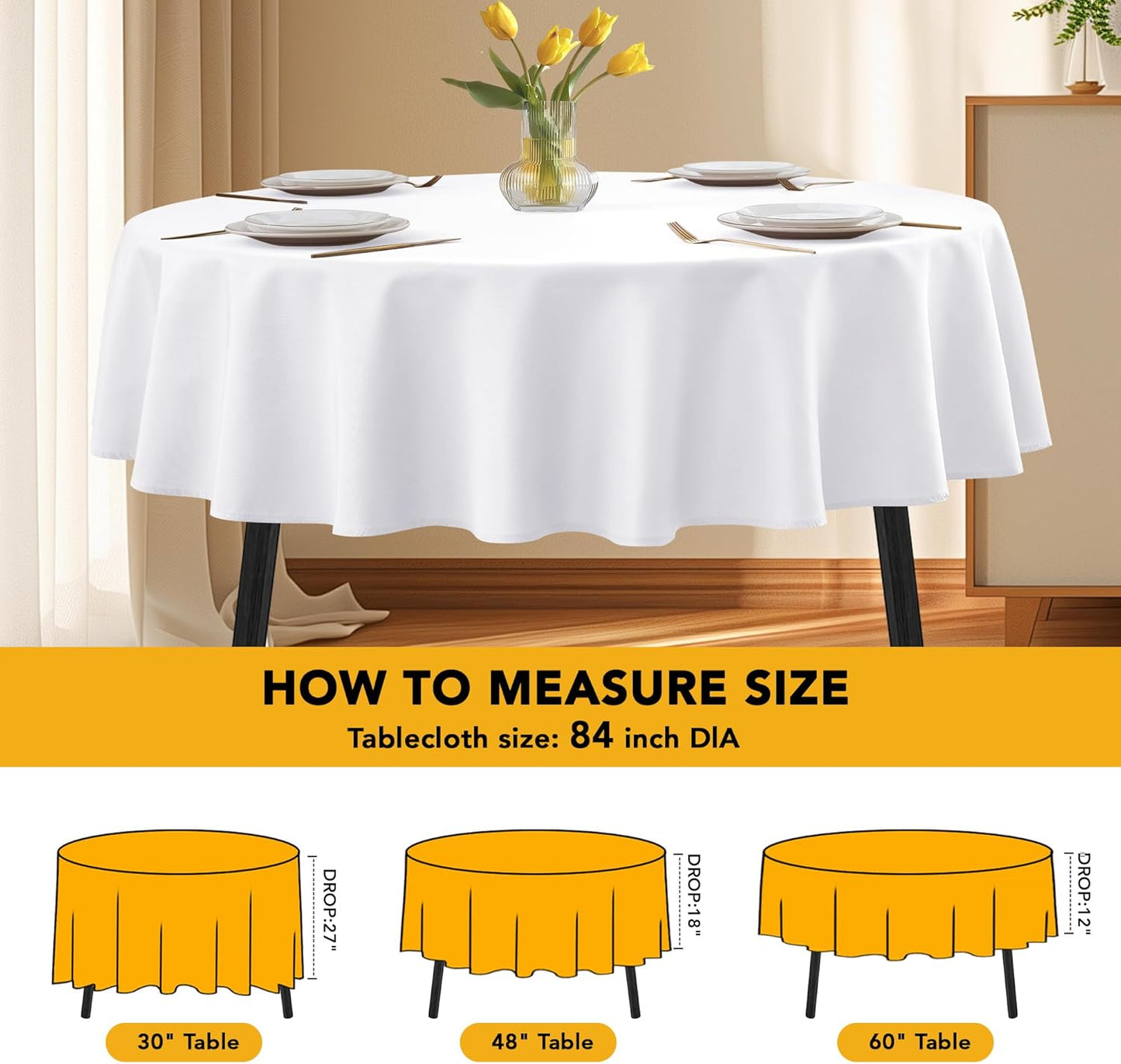 10-Pack White Round Tablecloths, 84 Inches, Stain-Resistant Polyester for 3-5 Ft Round Tables - Washable Table Covers for Weddings, Banquets, Birthday Parties, Events