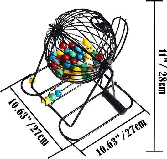 Yuanhe Jumbo Bingo Game Set - 11" Metal Round Cage, 75 Colored Balls, 100 Bingo Cards, 500 Mixed Chips and Master Board for Large Groups, Parties