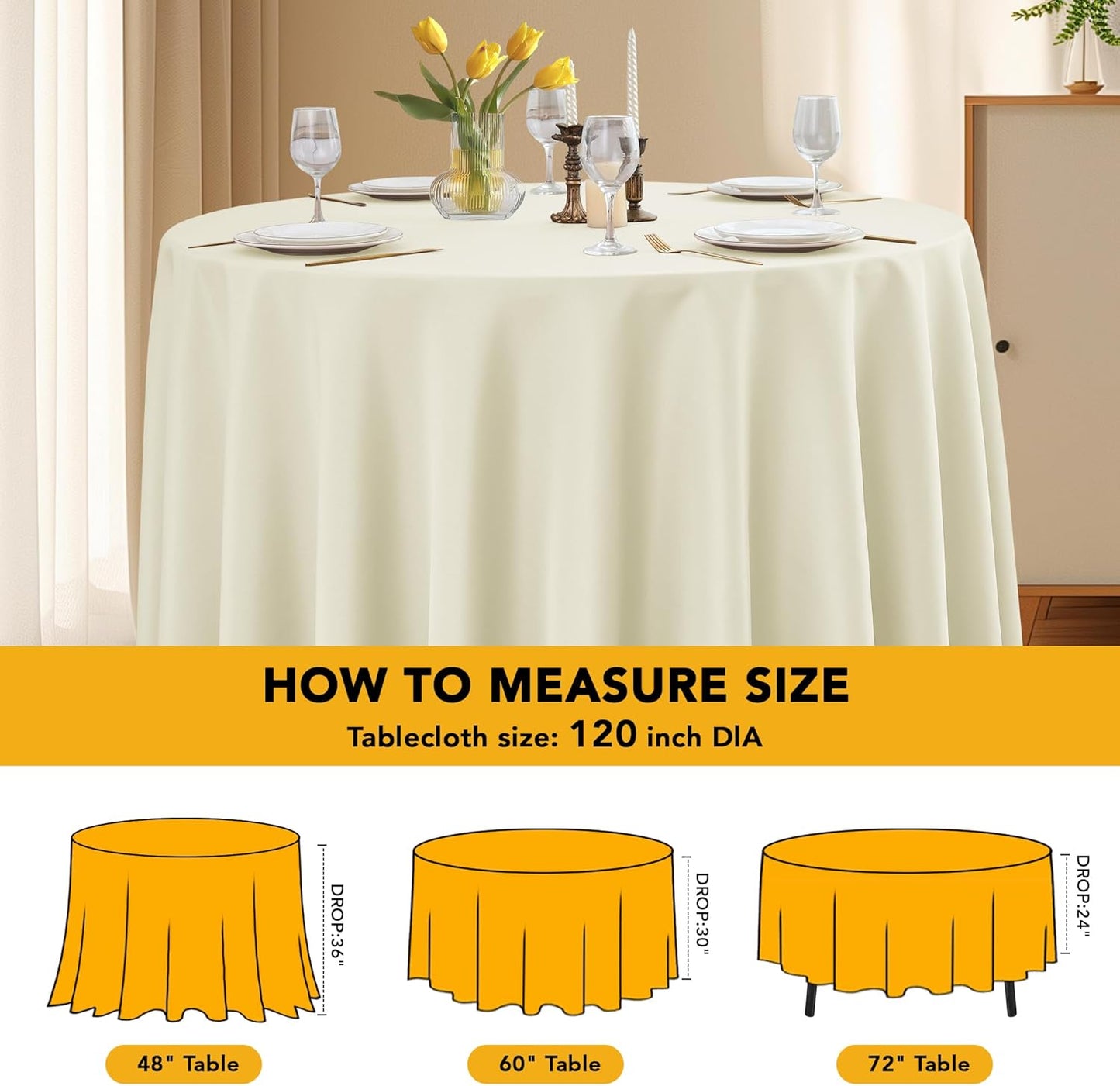 6-Pack Ivory Round Tablecloths, 120 Inches, Stain-Resistant Polyester for 5-6 Ft Round Tables - Washable Table Covers for Weddings, Banquets, Birthday Parties, Events