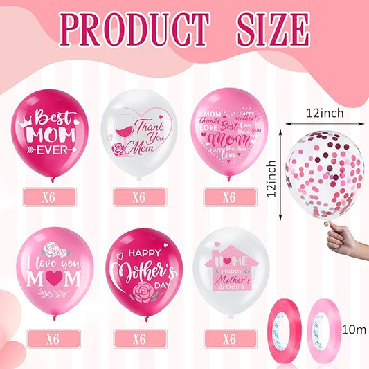 50 Pcs 12inch Happy Mother's Day Balloons Party Decorations Supplies, I Love You Best Mom Ever Thanks Giving Party Latex Balloons for Mother's Day Party Mother Birthday Party Favors