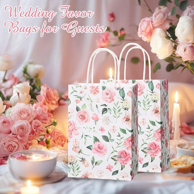 Marspark 24 Pcs Pink Wedding Flowers Paper Gift Bags for Bridal Baby Shower Engagement Birthday Party Supplies Roses Treat Bag with Handles Candy Goodie Bags for Guests, 8.3'' x 5.9'' x 3.1''(Rose)