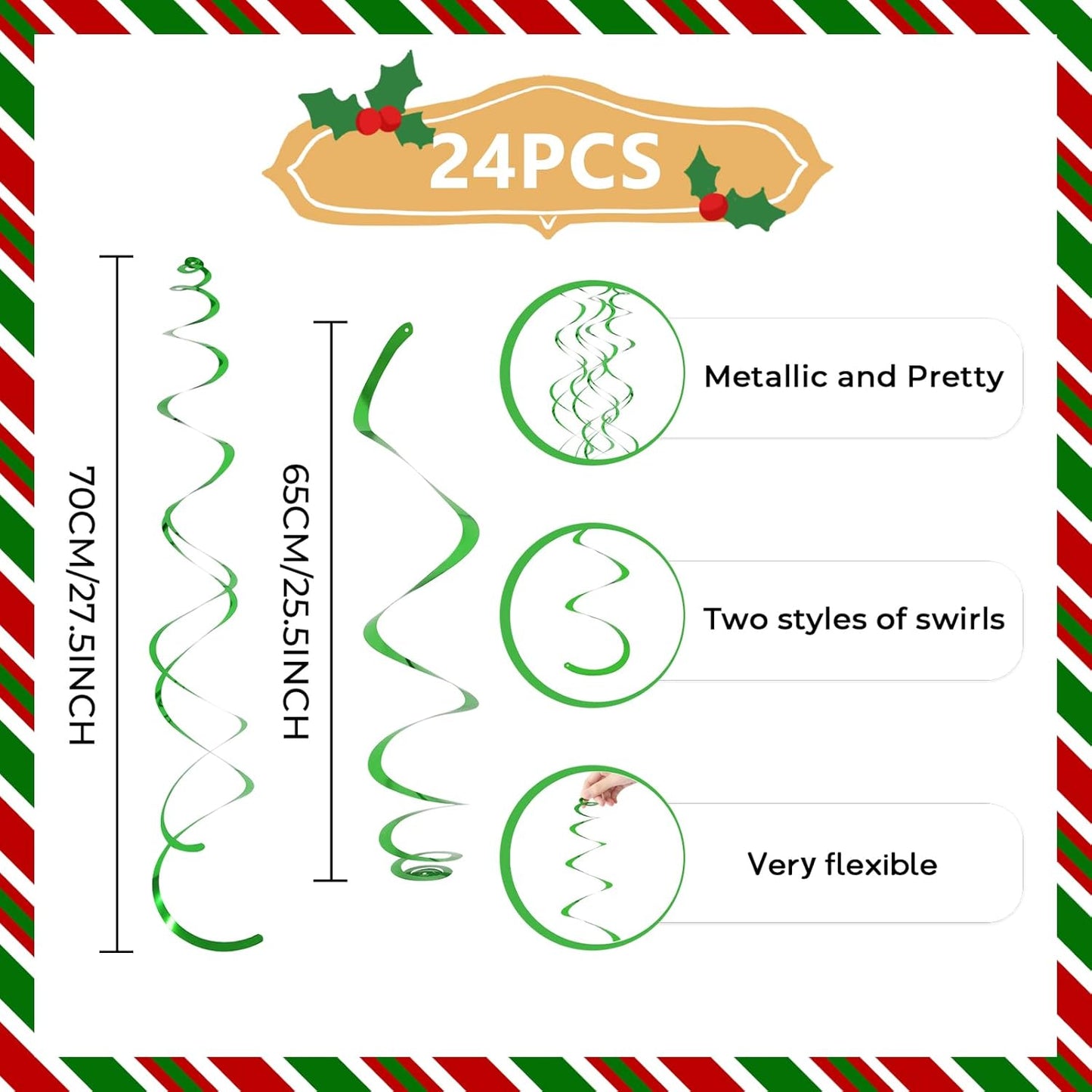 24 PCS Green Hanging Swirl, Sparkle Ceiling Hanging Decorations, Plastic Streamer Party Decorations with Double-Swirls and Single-Swirls for Birthday Decorations, Christmas,Graduation, Baby Shower