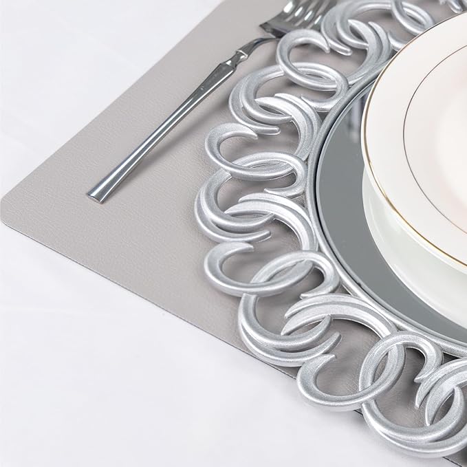 MAONAME 13" Silver Charger Plates Set of 6, Mirror Charger for Dinner Plates, Plastic Plate Chargers with Entwined Swirl Rim, Round Chargers for Table Setting, Wedding