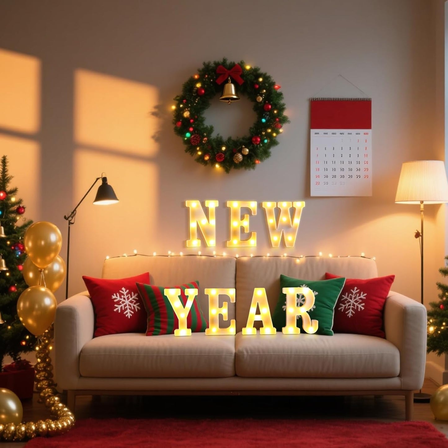 7 Pcs New Year Large LED Letter Sign LED Lights Battery Powered Table Decoration for New Year Christmas Party Tabletop Decoration