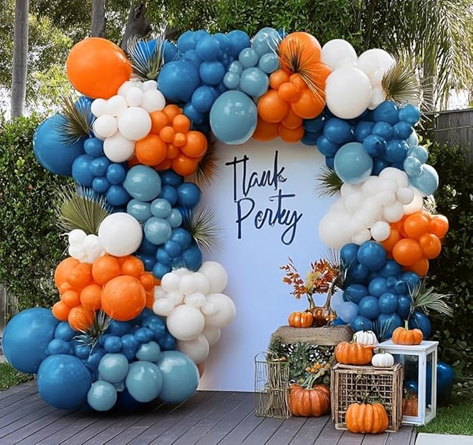 Dusty Blue Orange Balloon Arch, Double Stuffed Burnt Orange Blue White Balloon Garland Kit Dark Teal Latex Balloons for Birthday Baby Shower Bridal Shower Wedding Boho Gender Reveal Party Decor