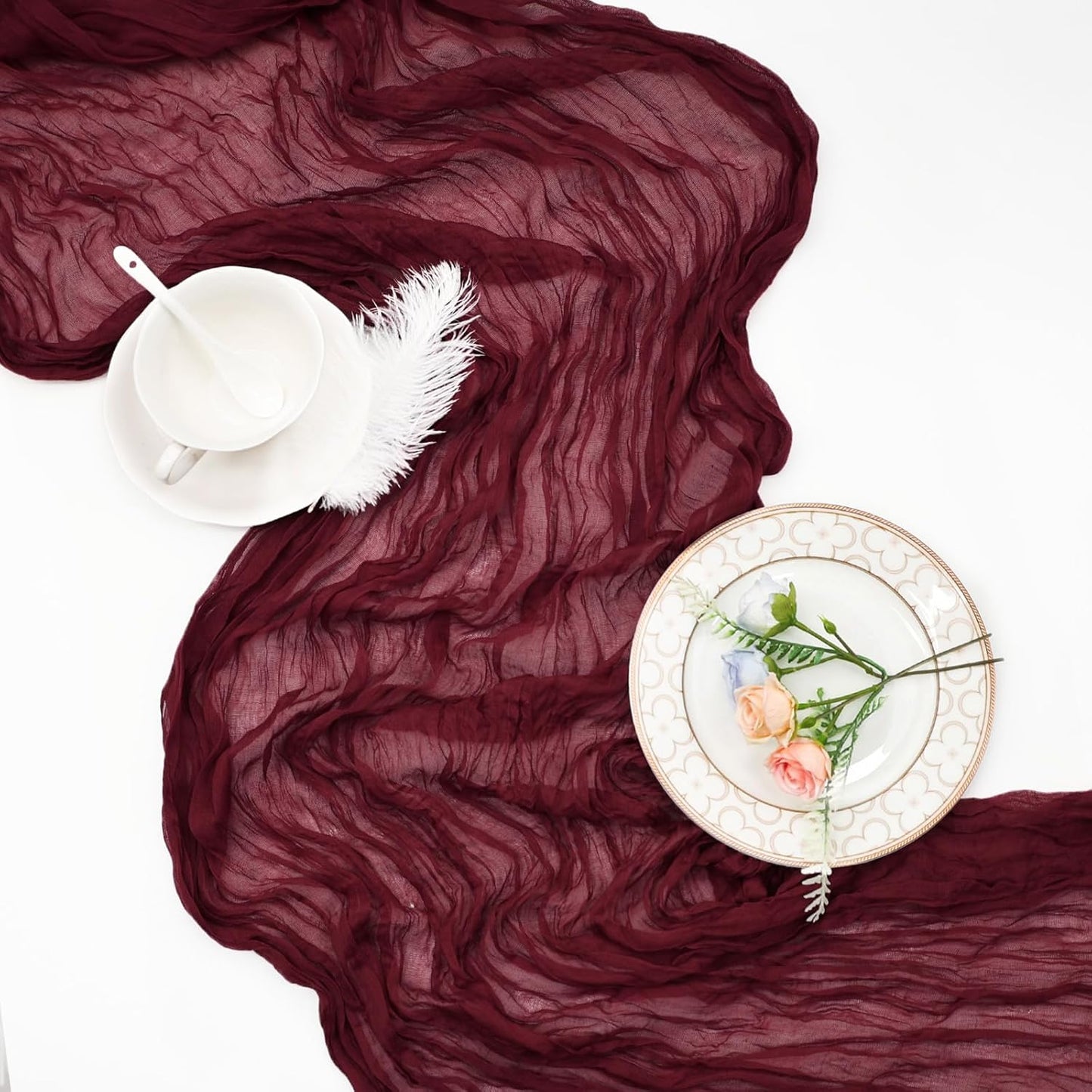 6 Pack Burgundy Cheesecloth Fall Table Runner 10ft Boho Gauze Fabric Cheese Cloth Table Runner 35 x 120 Inch Rustic Sheer Runner for Thanksgiving Wedding Decor Baby Shower Party Centerpiece Decoration