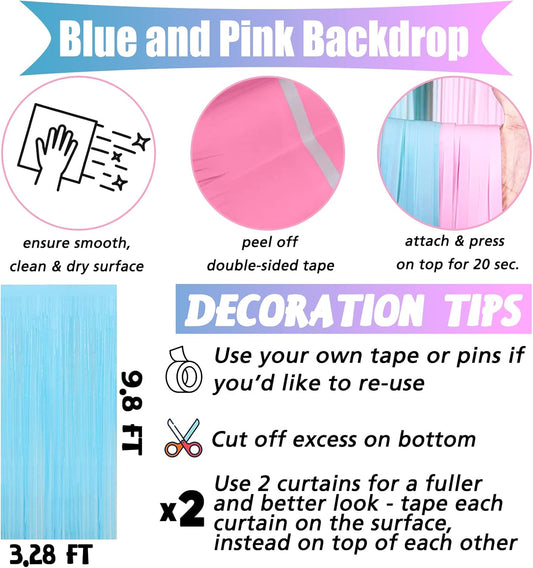 4 Pack 3.2Ft x 9.8Ft Pink Blue Fringe Curtain Backdrop, Metallic Tinsel Foil Fringe Streamers Curtains Background for Photo Booth Wedding Gender Reveal Backdrop Boy or Girl Birthday Party Decoration