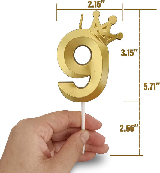The Number 9 Gold Birthday Candles for Cake is Beautiful Number Candles for 9th Birthday Decorations for Boys and Girls (Gold-9, Crown)