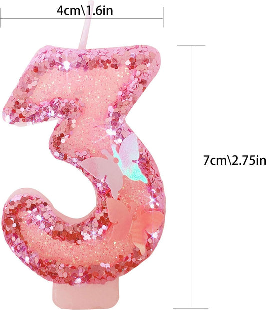 Birthday Candles Number 3,Pink Glitter Happy Birthday Cake Candles Handmade Sequin Numeral Candle