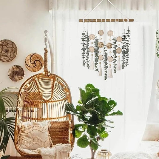 Bathroom Decor Artificial Eucalyptus Greenery Hanging Wall Decor Faux Eucalyptus Leaves Hanging Plant on Wooden Stick with Wicker Ball Rustic Farmhouse for Bedroom Nursery Boho Wall Decorations