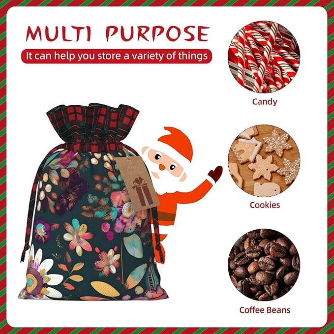 PULaif Colorful Boho Floral Christmas Drawstring Gift Bags, Large Size Christmas Bags For Gifts Party Favors, Xmas Gift Bags