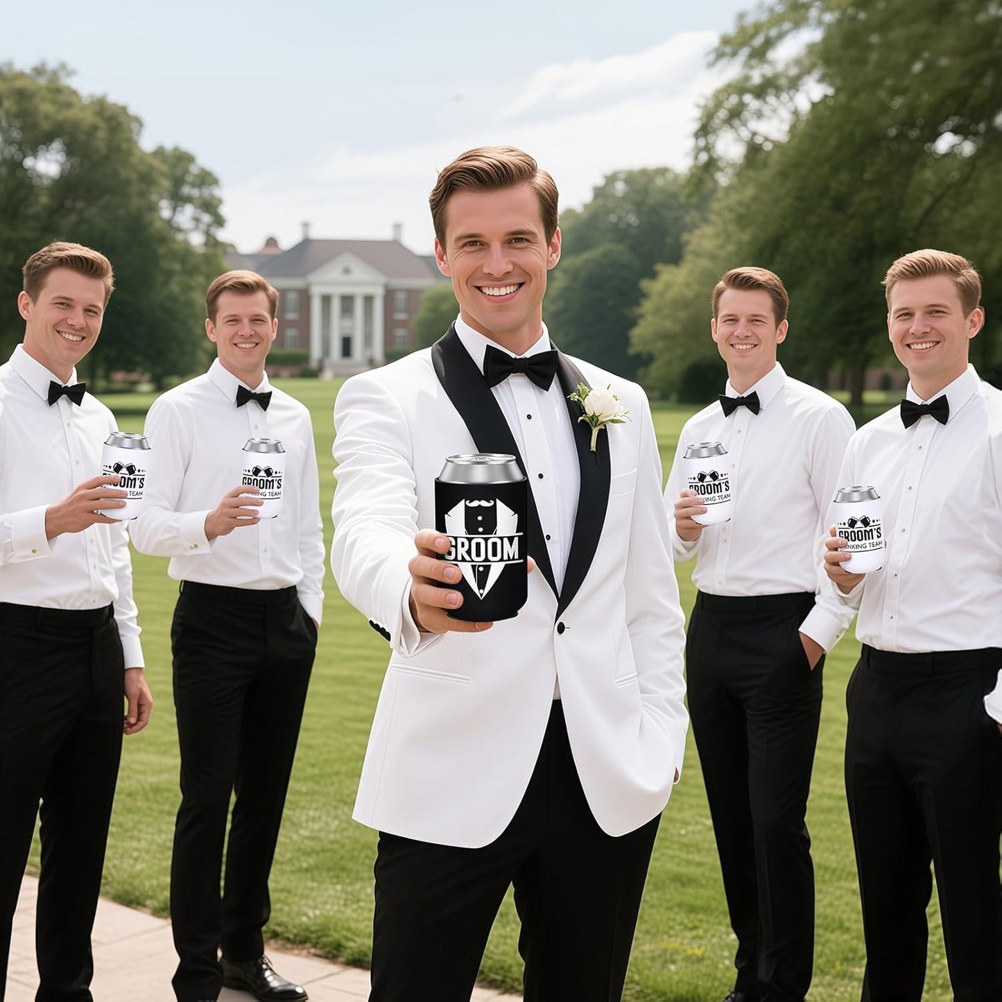 12 Pack Bachelor Party Can Coolers with Groom Squad Design, Insulated Neoprene Beer Sleeves for Men, Black & White Reusable Drink Holders Groomsmen Gifts
