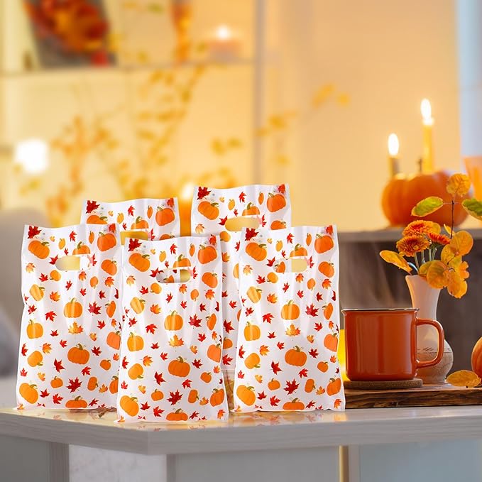 Supervitae 100 Pcs Fall Plastic Gift Bags Thanksgiving Party Favor Bags Bulk Pumpkin Maple Leaves Goodie with Handle for Autumn Party Supplies