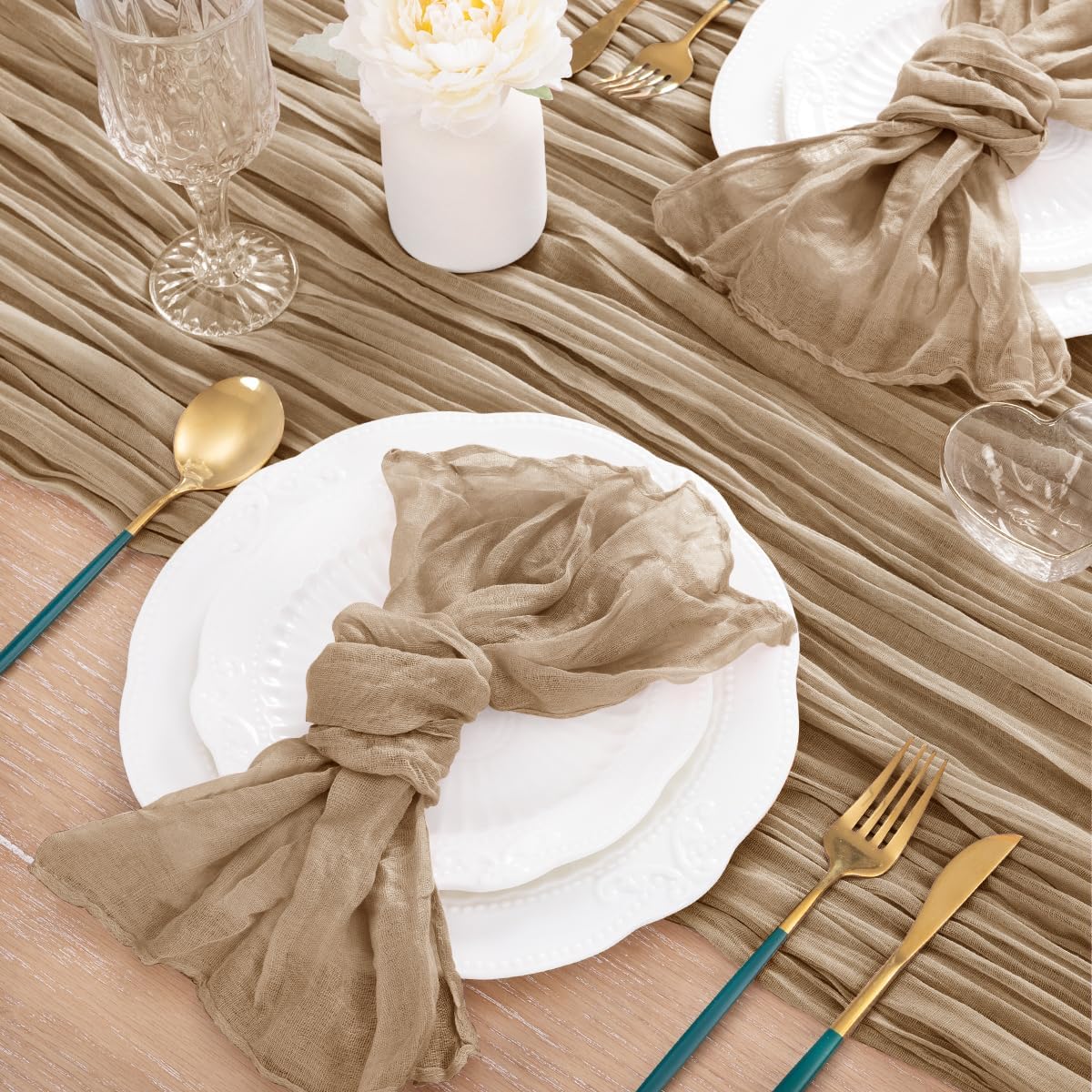 MLMC 8 Pack Nude Cheesecloth Table Runner Boho Rustic Gauze Taupe Cheese Cloth Table Runner 10ft Neutral Home Fall Decor 35x120 Inches for Reception Wedding Bridal Shower Picnic Decor