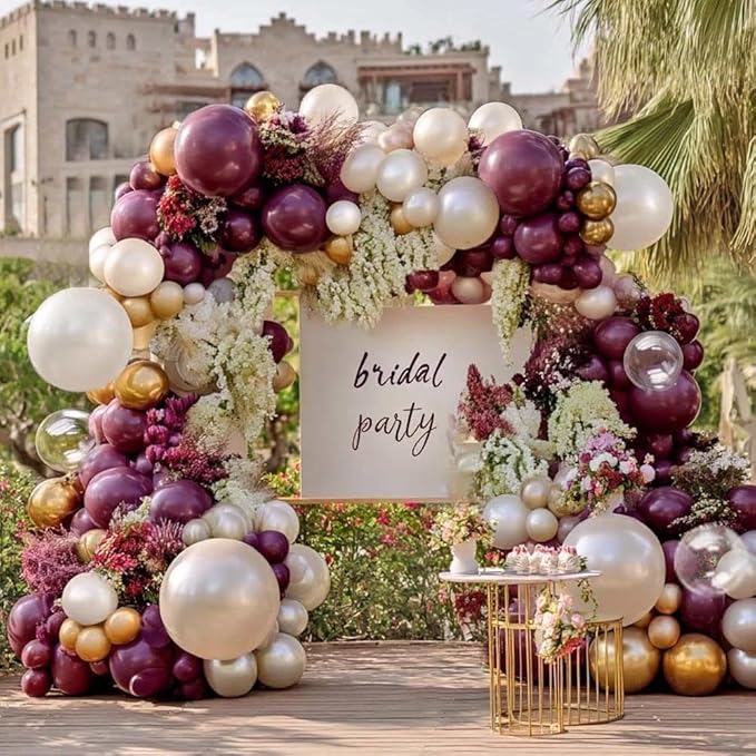 Dark Purple White Balloon Arch Kit, Double Stuffed Plum Mauve Burgundy Pearl White Sand Gold Balloon Garland with Clear Bobo Latex for Birthday Baby Shower Wedding Graduation Mothers Day Party Decor