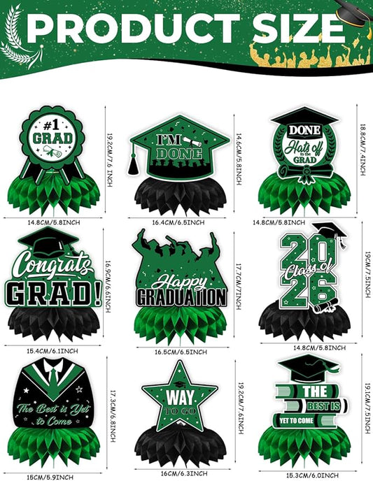 Graduation Table Decorations 2026,Green Graduation Centerpieces for Tables, 9Pcs Honeycomb Centerpieces, 3D Congrats Grad Table Toppers for Grad Party Decorations, Class of 2026 Decor