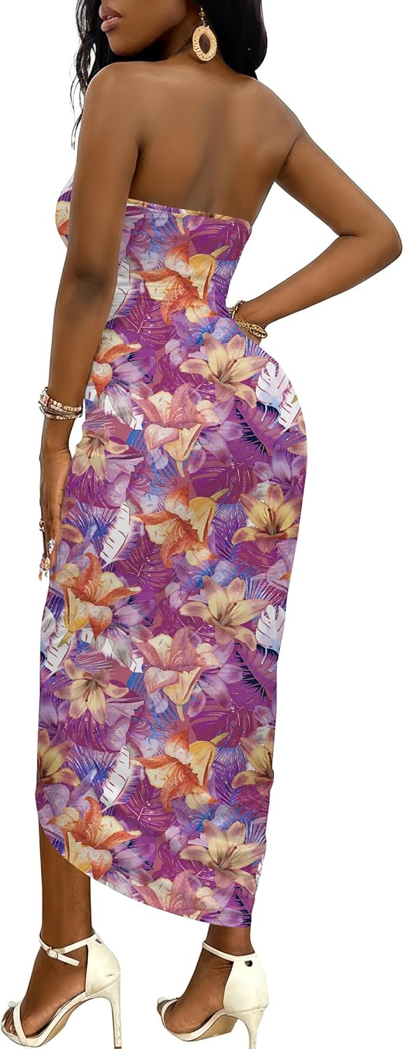 Umenlele Women's Strapless Ruched High Waist Wrap Split Asymmetrical Beach Maxi Long Dress