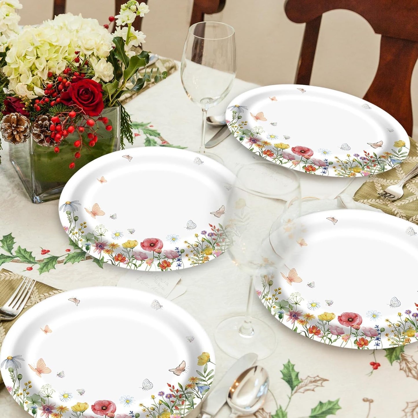 Floral Oval Paper Plates 10’’x 12’’, Large Disposable Heavy Duty Oval Paper Plates Dinner Size for Birthday Wedding Bridal Baby Shower Tea Party Supplies, 50 Guests
