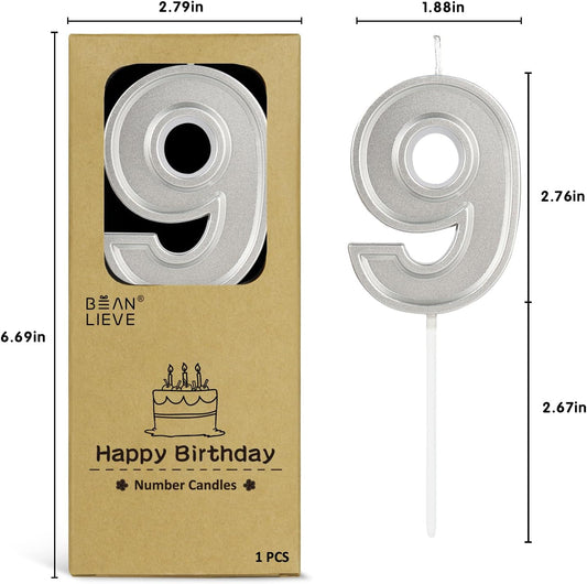 BEAN LIEVE Silver Birthday Candles Number 9, Silver Number Candles, Cake Number Candles for Birthday Parties and Wedding Anniversary Celebrations