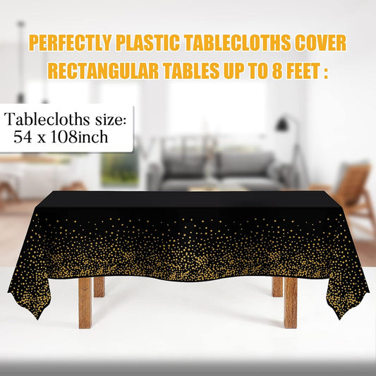 Tablecloths for Rectangle Tables, 3 Pack 54" x 108" Plastic Table Cloth Disposable Table Covers Engagement Party Decorations, Black Gold Dot Tablecloths Disposable Tablecloth for Weddings Buffet Table