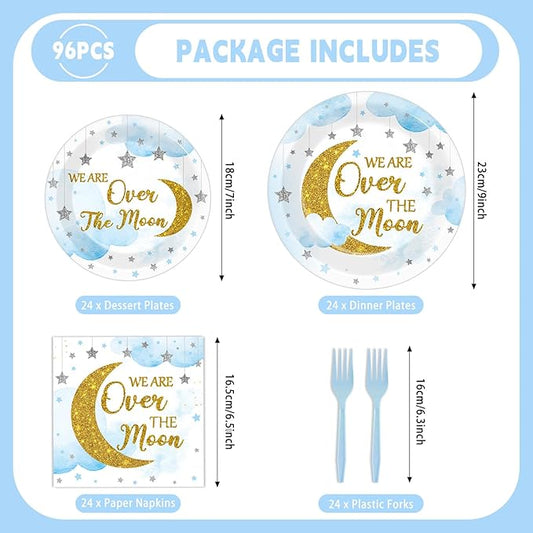 96Pcs Moon and Stars Party Paper Plates and Napkins Blue Moon Celestial Baby Shower Party Supplies Tableware Gender Reveal Little Star Birthday Disposable Plates for Birthday Gatherings Decorations