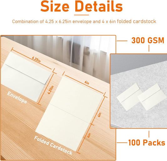 100 packs Cream Greeting Cards and Envelopes 4 x 6 Heavyweight Folded Off White Cardstock and A4 Envelopes Printable Self Seal for Wedding Invitations, Festival Blessing