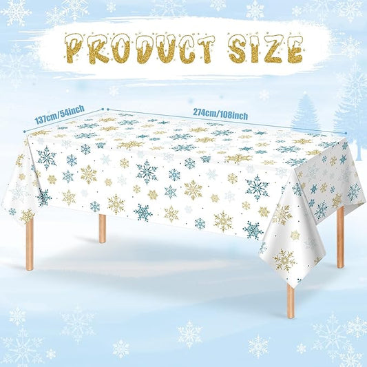1Pcs Snowflake Plastic Tablecloth Christmas Snowflake Disposable Table Cloth White Blue and Gold Winter Wonderland Table Cover for Winter Holiday Christmas Birthday Party Decorations,54x108 Inch