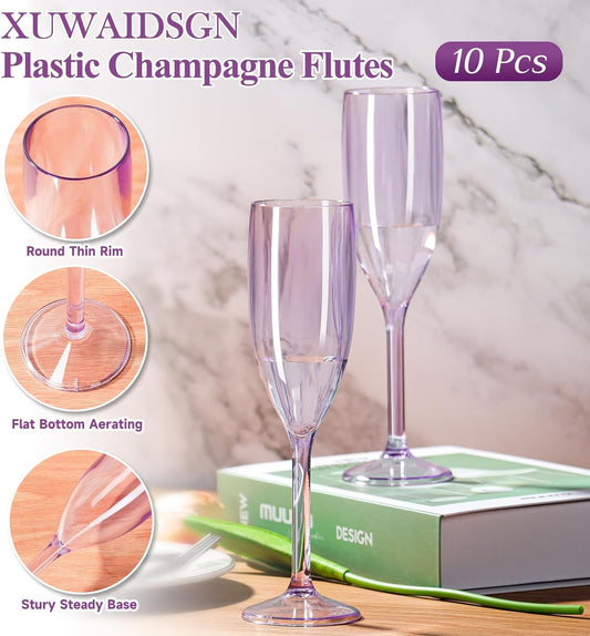 XUWAIDSGN 10 Pcs Champagne Flutes Plastic Wine Glasses Bulk Vintage Champagne Flutes Mimosa Bar Glasses Stemmed Drinking Cups 5.4OZ for Christmas Birthday Wedding Bride (10, Clear purple)