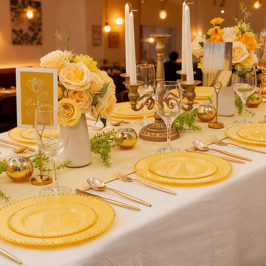 Supernal 100pcs Yellow Plastic Plates,Heavy Duty Plastic Plates,Yellow Party Decorations with Gold Beaded Including 50 Dinner Plate and 50 Disposable Dessert Plate,Pretty Disposable Platos for Wedding