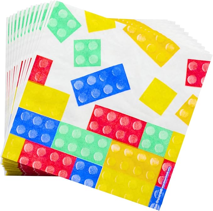 Blue Orchards Building Blocks Party Plates and Napkins (52 pieces for 16 Guests) - Building Block Supplies, Gamer Birthday Decorations, Gamer Party Supplies, Blocks Decor, Brick Birthday