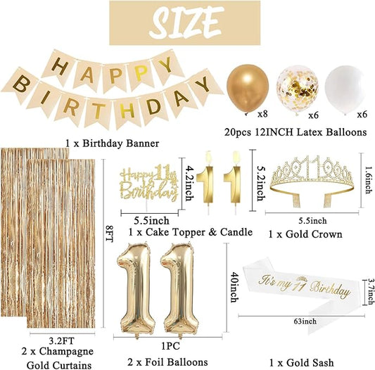 Trgowaul 11th Birthday Decorations for Girls, Banner, Sash and Crown, Cake Topper, 11 Number Balloon, Fringe Curtains, Champagne Gold 11th Birthday Party Supplies