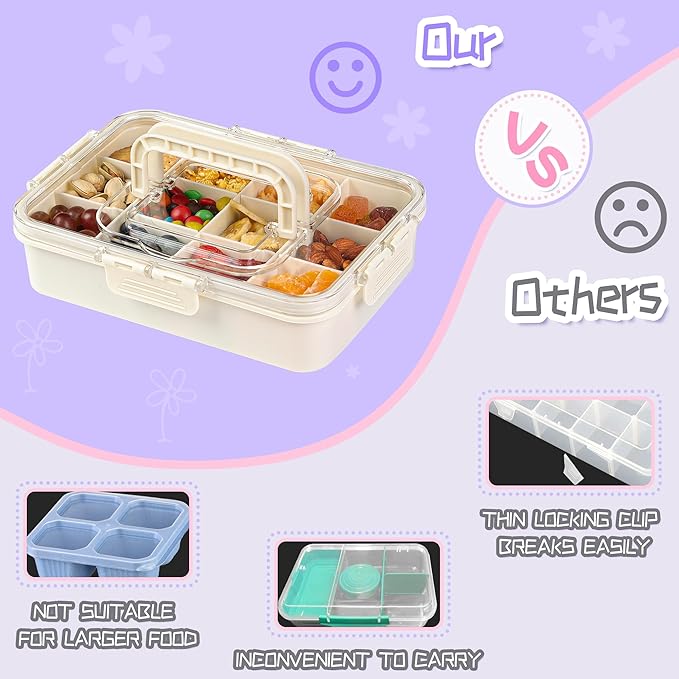 Snack Box Container for Kids - Adjustable 12-Compartment Snack Containers, Reusable Bento Box, Dishwasher Safe, BPA-Free, Perfect for School, Travel, Camping & Picnic, Ivory White