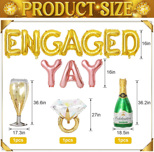 Gold Engagement Party Decorations, Engaged Yay Balloons Letters Banner, Diamond Ring Green Champagne Bottle Balloon Glass Foil Balloon for Bachelorette Engagement Wedding Bridal Shower Party Supplies