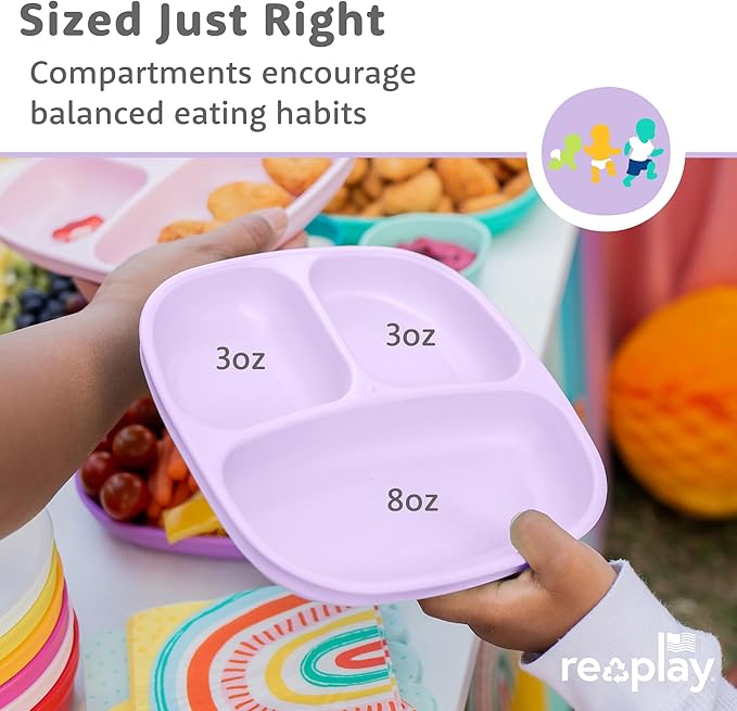 Re-Play Toddler Plates with Dividers - Deep-Walled 3 Compartments Divided Plates for Kids - Dishwasher & Microwave Safe - Made in USA - Set of 3-7.37" x 7.37" x 1.25" - Princess