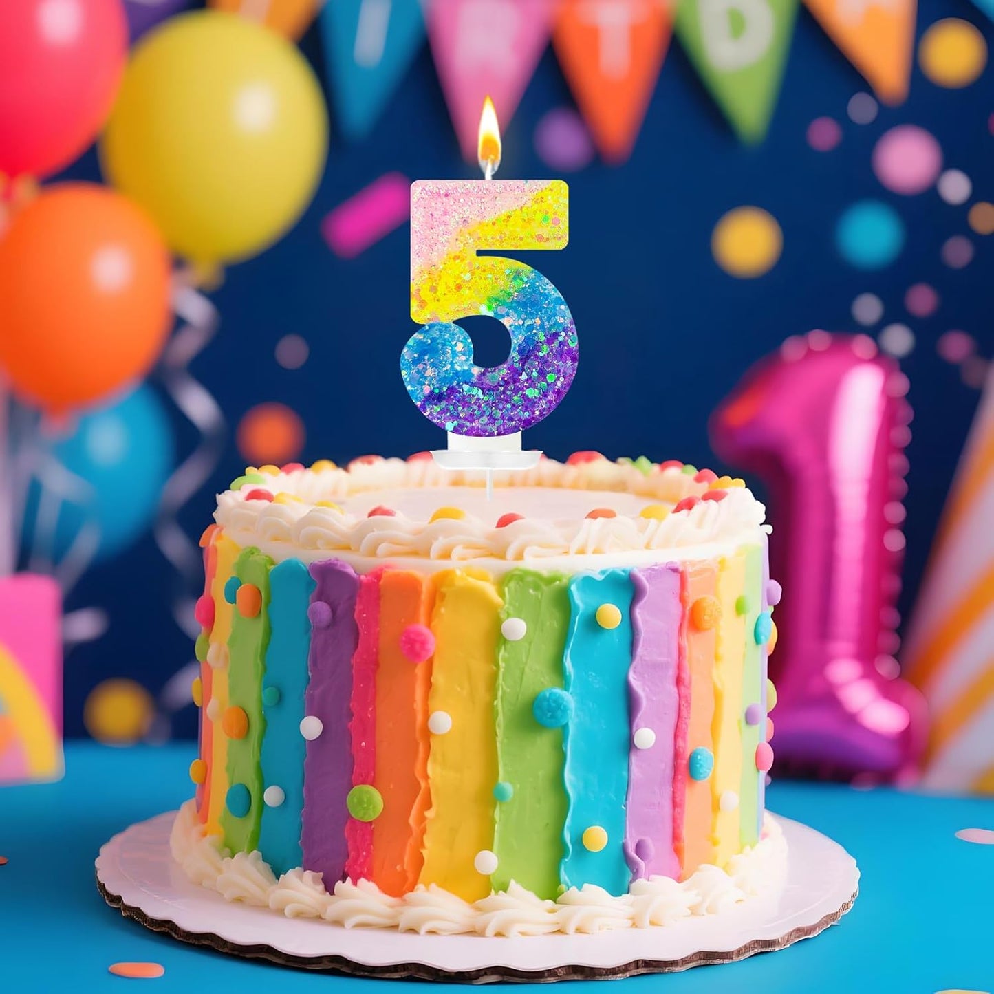 Birthday Candles Pastel Macaron Glitter 3D Rainbow Number Candles for Birthday Cake Girls Women Sweet Theme Birthday Wedding Anniversary Party Cake Decoration (Number 5)