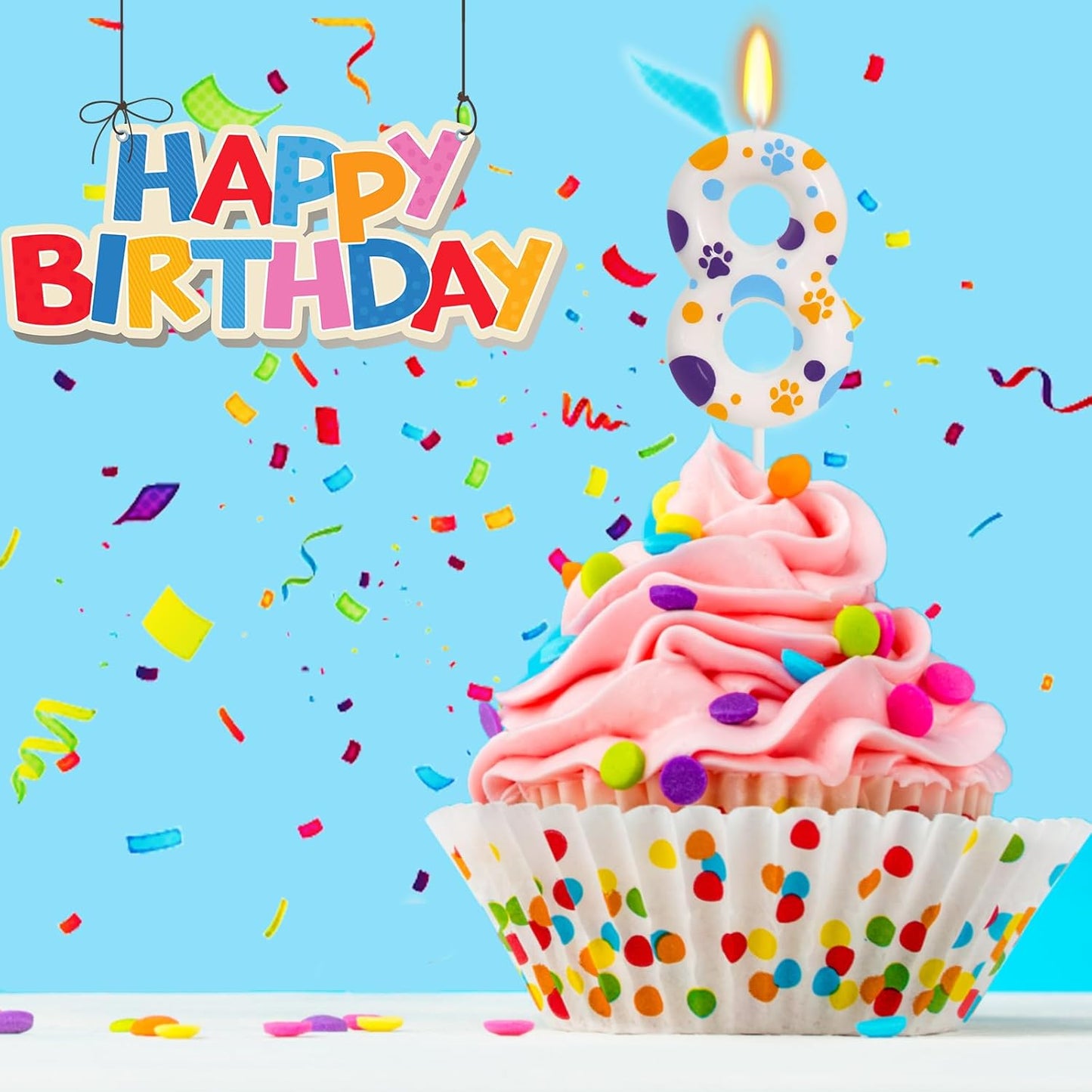 Blue Dog Paw Themed Birthday Candles, Number 8 Print Party Supplies, 2.76 Inch Cake Topper Decorations for Kids (Number 8)