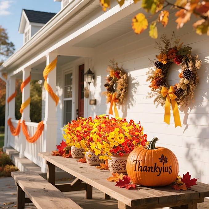 Artificial Flowers Outdoor Fall Decor - 12 Pcs UV Resistant Fade Proof Fake Plants for Garden Porch, Thanksgiving Autumn Decorations, Waterproof for All Weather