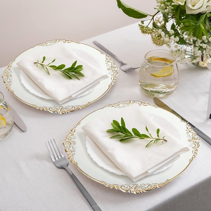 Okllen 12 Pack Plastic Round Charger Plates, 13" Dinner Charger Dessert Plates with Gold Rim, Vintage Charger Serving Plates for Catering, Wedding, Tabletop Decor, White, Floral Trim