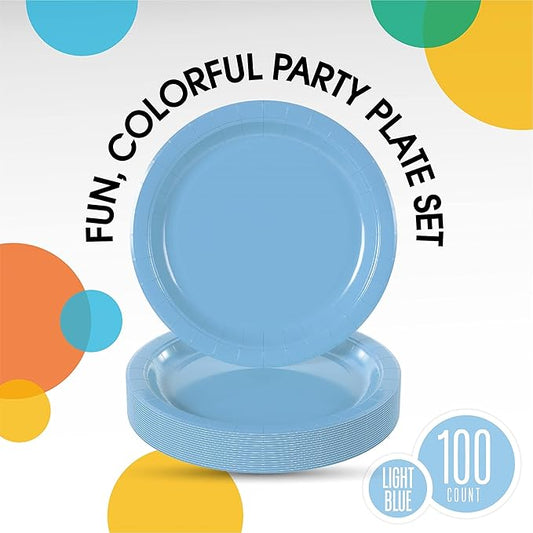 Exquisite Light Blue Paper Plates Disposable Heavy Duty 7 Inch Light Blue Disposable Plates For Party 100 Pcs Heavy Duty Paper Plate 350 GSM, Birthday Party Supplies Plate Set