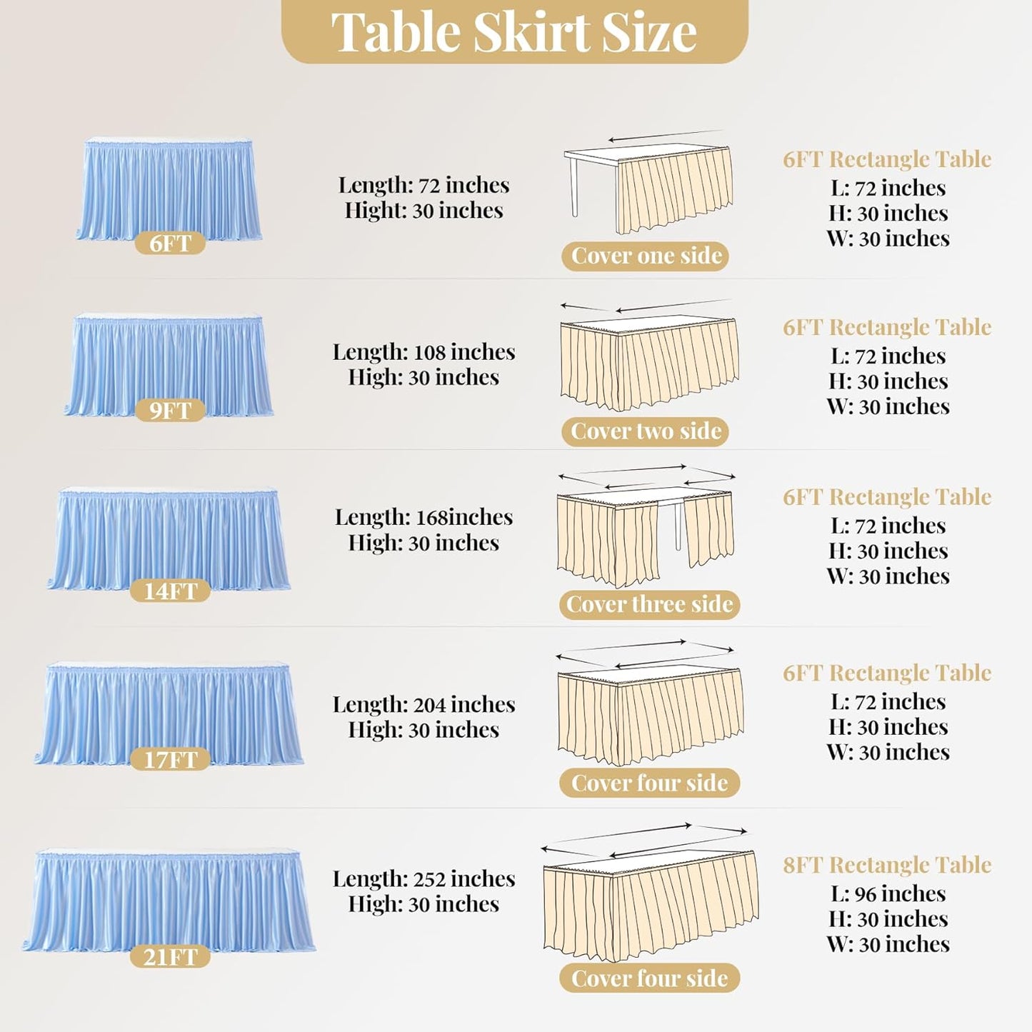 Wish Care 6ft Baby Blue Satin Table Skirt for Rectangle Tables Wrinkle Free Glitter Desk Skirts Pleated Ruffle Table Cloth for Birthday Baby Shower Shark Theme Party Gender Reveal Cake Table Decor
