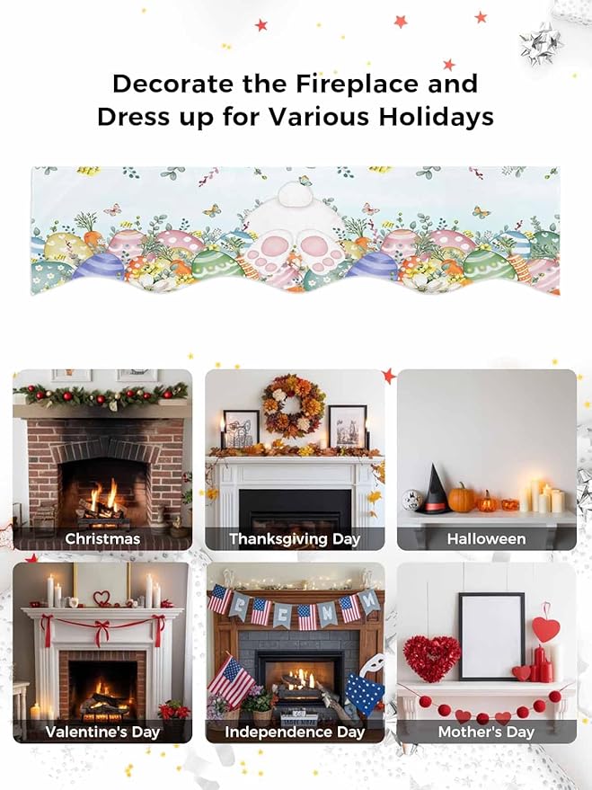 Cute Easter Bunny Fireplace Mantel Scarf Table Runner, Eucalyptus Leaves Colorful Eggs Teal Winter Garland Mantel Top Tablerunners Dresser Scarves Cover for Windows Party Living Room 90''x17''