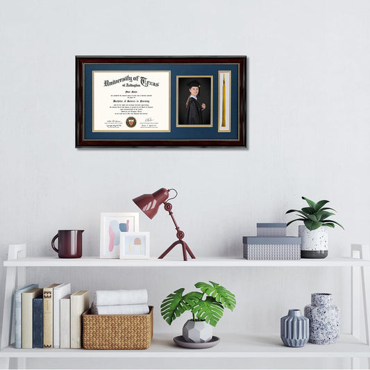 GraduationMall 11x22 Mahogany Diploma Frame with Tassel Holder and Picture for 8.5x11 Certificate 5x7 Photo,Real Glass,Navy over Gold Mat