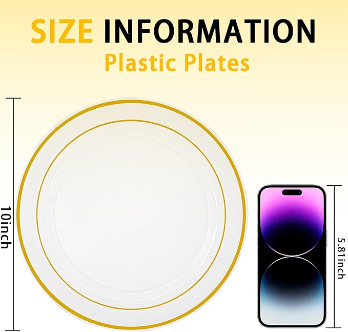 100PCS Clear Plastic Plates, 10 Inch Thanksgiving Plates Disposable Dinner Plate Party with Gold Rim, Heavy Duty Disposable Plastic Plate for Party, Wedding and Birthday