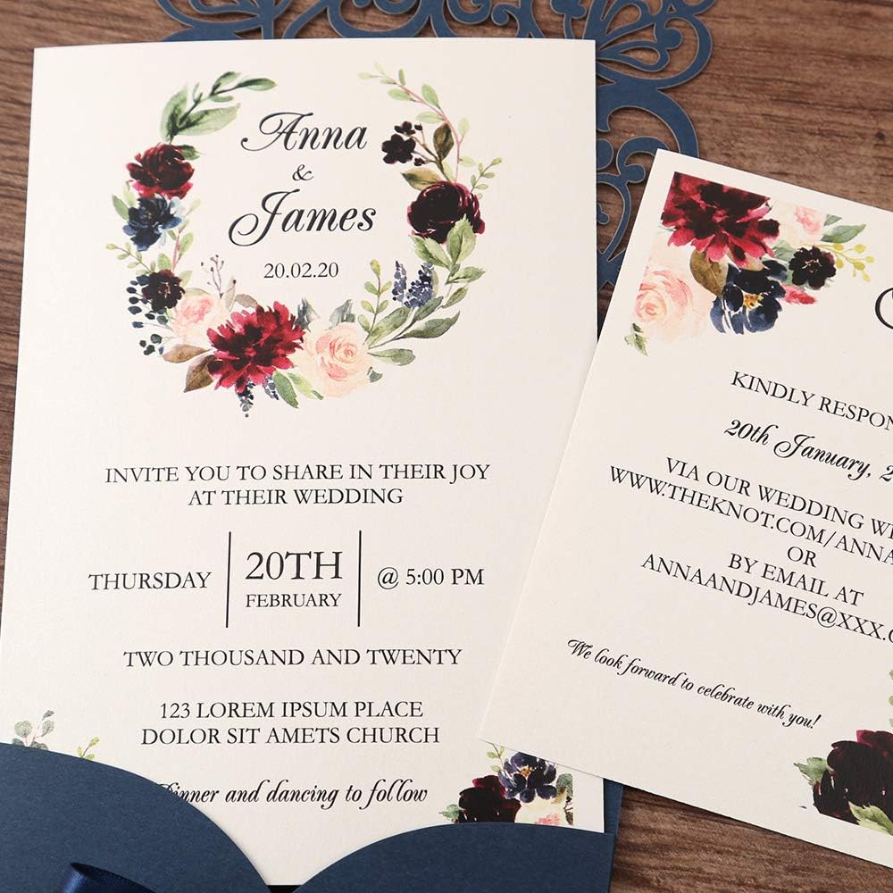 5X7.2 Inch 50PCS Personalized Laser Cut Navy Blue Wedding Invitations with RSVP Cards and Envelopes, Wedding Invitation Cards with Ribbon Belly Band Pearl Embellishments