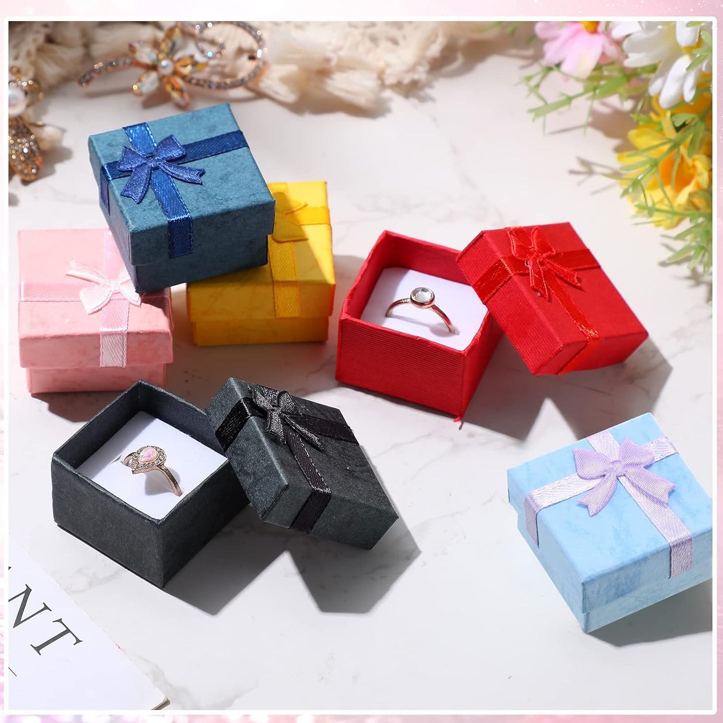 72 Pcs Ring Boxes 1.6 x 1.6 In Hard Cardboard Jewelry Box with Ribbon Bow Small Jewelry Gift Cases for Small Business(Regular Color)