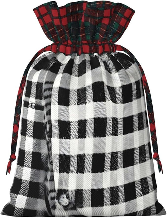 PULaif Black And White Plaid Christmas Drawstring Gift Bags, Large Size Christmas Bags For Gifts Party Favors, Xmas Gift Bags