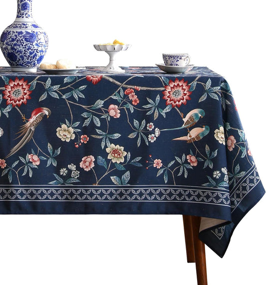 patdrea Designer Vintage Dark Blue Linen Square Tablecloth,Navy French Floral and Birds Pattern Tableloths,Decoration Table Cover for Kitchen,Dining,Tea Party,Home,Christmas,67"*67"